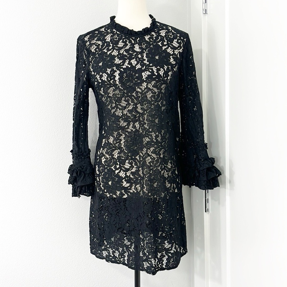 Who What Wear Medium Black Lace Sheer Long Ruffle Sleeve High Neck Dress